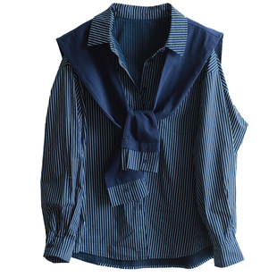 铜扣记纯棉条纹衬衫女翻领休闲百搭宽松显瘦春季新款披肩衬衣女