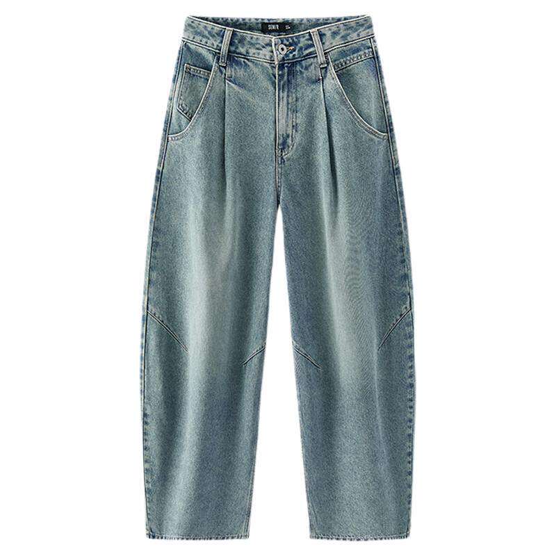 森马美式打褶宽松阔腿牛仔裤女
