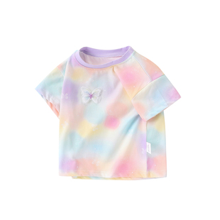 女童短袖t恤夏季新款童装宝宝撞色扎染衣服儿童上衣小童洋气半袖