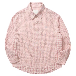 瞬时山野Monterest户外宽松翻领logo绣花拼接泡泡纱格纹衬衫男款