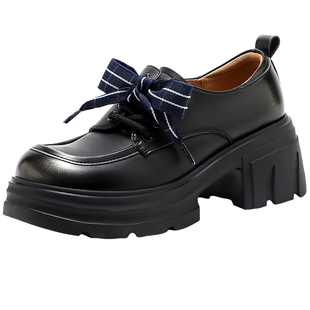 森达厚底增高乐福鞋女26春季新款粗跟通勤牛津鞋黑色单鞋ZTK35