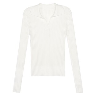 MULVAN 条纹v领长袖polo针织衫女设计感翻领显瘦气质修身上衣