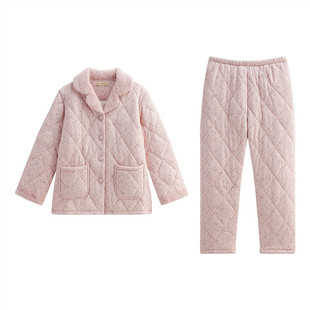 秋鹿针织印碎花夹棉睡衣女款2025新款高级感轻奢风冬国民领家居服