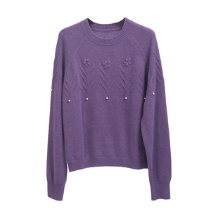 【2.4 6折福利款】重工珍珠花朵刺绣圆领百搭羊毛针织衫毛衣女762