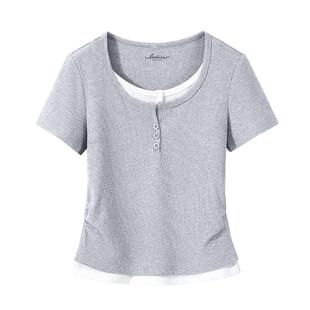 班尼路假两件短袖T恤女款2026春夏新款收腰显瘦轻薄透气短款上衣N