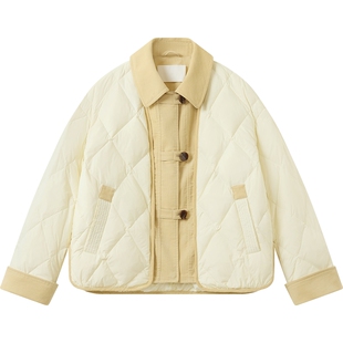 播撞色翻领短款几何绗线羽绒服女冬季宽松保暖外套DDS4RD5278