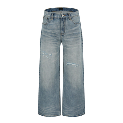 OaOO赤耳窄幅红边水洗猫须磨烂宽松直筒蓝牛牛仔裤休闲百搭长裤男