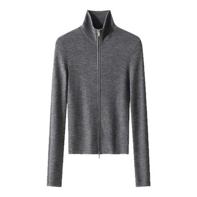 双拉链纯羊毛翻领针织衫早秋新款