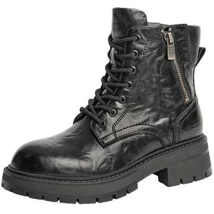 百丽靴子英伦风马丁靴女冬新款厚底皱皮复古加绒保暖短靴B9N1DDD4