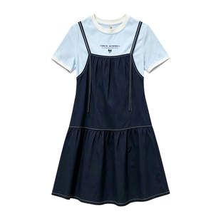 初中生背带假两件连衣裙夏2026新款少女宽松休闲洋气高中学生裙子