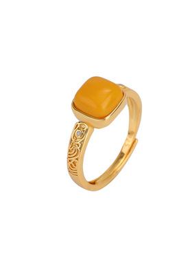 山予棠S925纯银镀金蜜蜡复古轻奢时尚方形戒指气质简约几何银指环