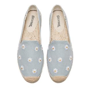 Soludos渔夫鞋增高厚底女刺绣草编帆布鞋一脚蹬跟高3cm