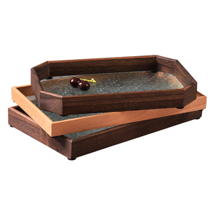 复古木质海棠花烧烤托盘长方形商用酒店透明玻璃茶盘家用面包餐盘