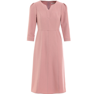 粉色小v领修身知性连衣裙女2026年春季新款七分袖时尚中长款A字裙