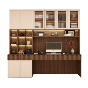 新中式书桌书柜组合家用书房办公桌书架一体卧室儿童学习桌写字桌