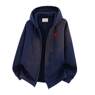 Ami iepo官方藏青色加绒开衫卫衣男女情侣秋冬季新款保暖连帽外套