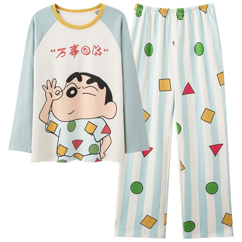 蜡笔小新可爱长袖长裤圆领睡衣女秋季新款纯棉蓝色卡通家居服套装