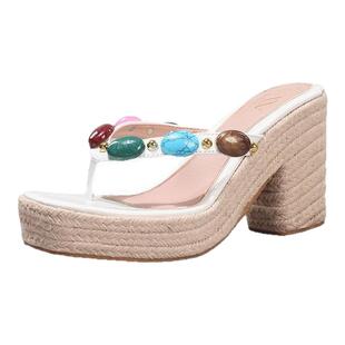 麻绳坡跟凉鞋子彩色串珠夹趾人字拖鞋夏季渡假时尚2025高跟鞋