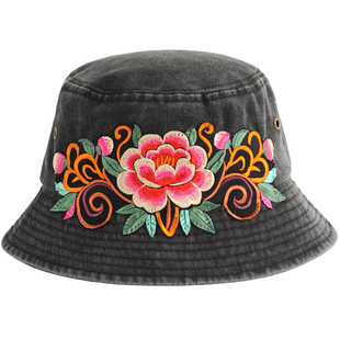 民族风刺绣花复古牛仔布盆帽子女显脸小渔夫帽春夏季防晒遮阳休闲