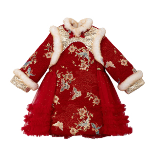 汉服女童2025冬儿童新中式国风红色喜庆加厚拜年服女宝公主旗袍裙