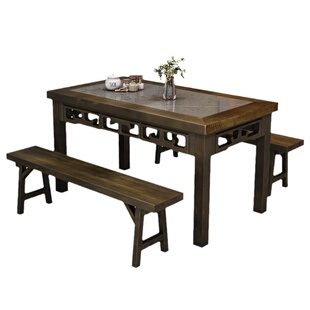 实木餐桌商用饭店快餐店面馆早餐小吃店桌椅组合中式仿古雕花桌子