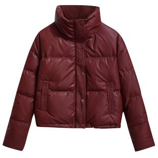 超好看咖色免洗PU皮立领短款羽绒服女2025冬季新爆款面包服外套