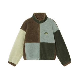 华人青年拼色立领羊羔绒棉服外套国潮宽松休闲秋冬设计款上衣男