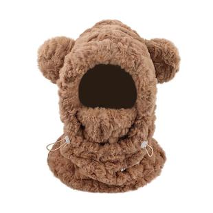 法国Montaigne/蒙田毛绒小熊护耳帽子女冬季加厚加绒口罩围巾一体