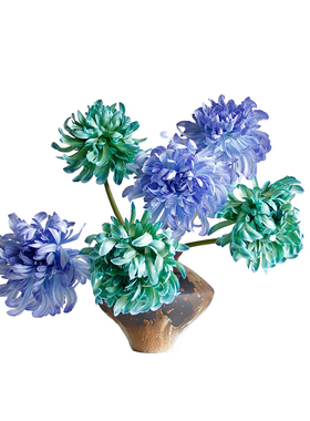 仿真中国风菊花吸色孔雀绿蓝紫色菊花家居装饰假花摆件摄影道具