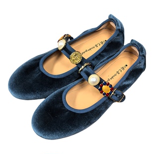 图巴客法式串珠玛丽珍鞋女蓝色一字带平底百搭浅口软底舒适单鞋