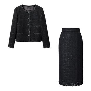 颜域毛呢外套半身裙两件套女2025新款秋高级感黑色显瘦小香风套装