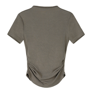 pusumede 简约正肩半高领短袖T恤女夏季弧形下摆收腰显瘦短款上衣