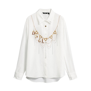 Desigual26秋冬新品logo流苏链条印花宽松白色女式衬衫