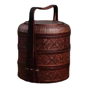 手工竹编提篮复古食盒多层送餐篮果篮收纳筐竹编野餐篮茶具收纳盒