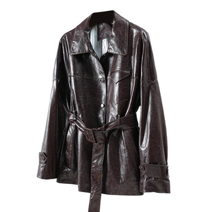 欧洲站油蜡小羊皮 2026春秋新款真皮皮衣女皮风衣中长款皮外套