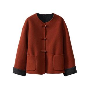 一丝牵100%超细澳毛正反两穿新中式双面呢羊毛大衣毛呢短外套女冬