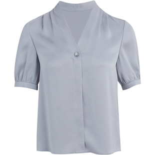 LANDI轻盈夏日系列冰灰以太蓝法式V领短袖小衫女衬衫夏新品
