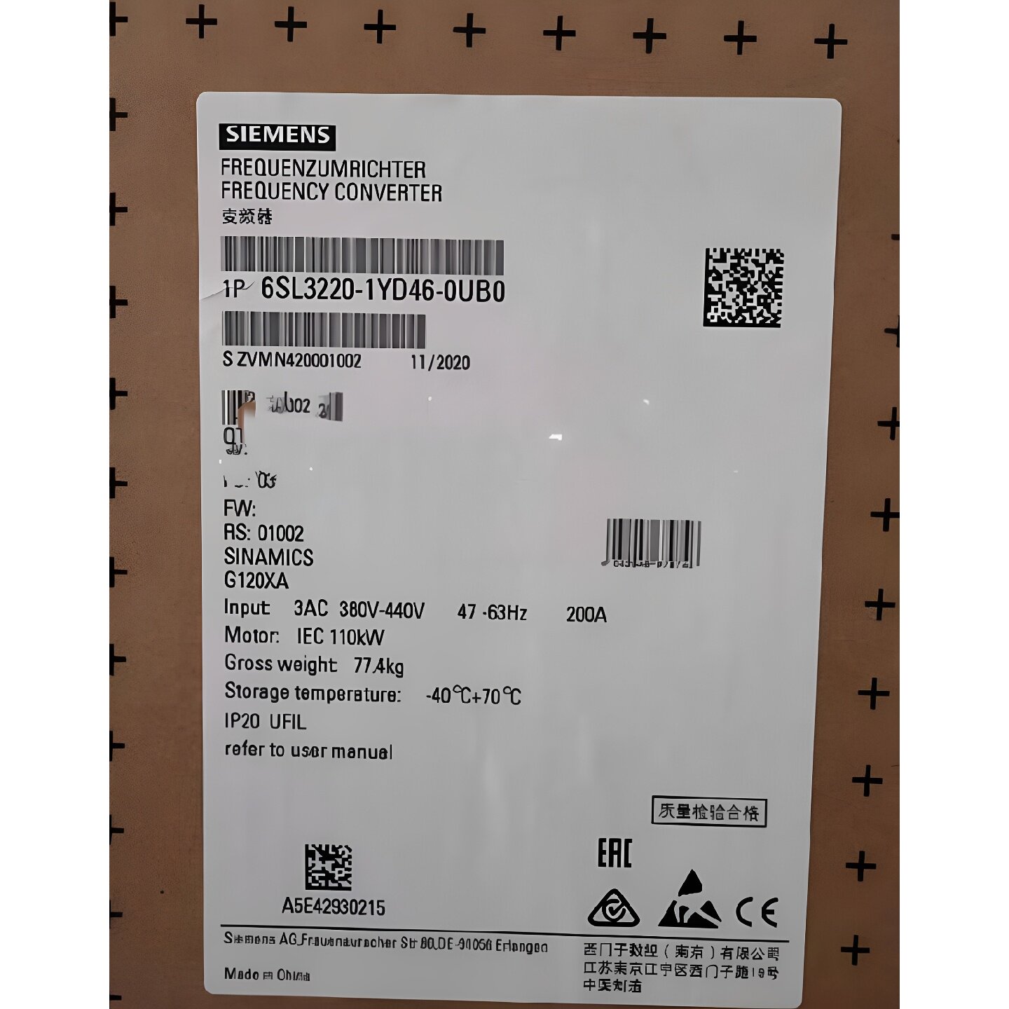 (议价)西门子G120XA风机泵专用变频器6SL32201YD460UB0功率110k