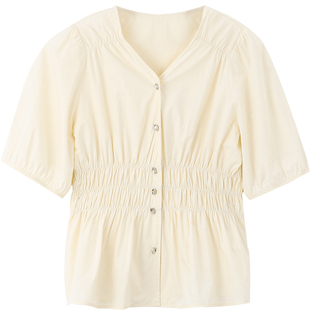Mind Bridge【纯棉】女士V领泡泡袖衬衣2025夏设计感收腰休闲衬衫