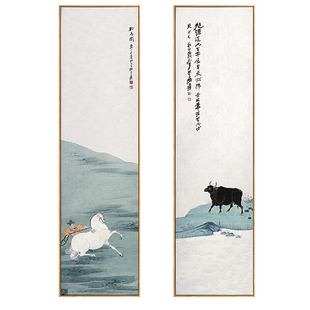 勒马图张大千新中式玄关装饰画竖版长条古典中国风书房卧室大挂画