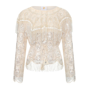 脸儿艺 闪闪的露珠 重磅钉珠 手工流苏披肩领 珍珠圆领上衣珍藏版