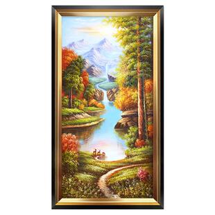 美式玄关装饰画聚宝盆油画正对门竖版壁画欧式山水画客厅走廊挂画