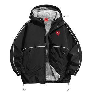 查尔斯桃心线条拉链冬季新款连帽毛绒棉服男棉袄衣服外套加绒保暖