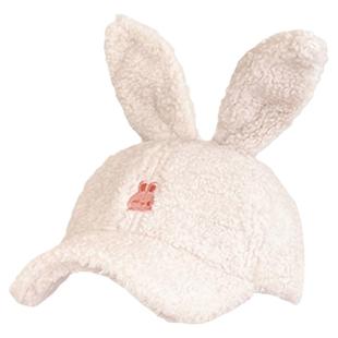 网红可爱兔耳毛绒棒球帽子女款秋冬季显脸小保暖百搭羊羔绒鸭舌帽