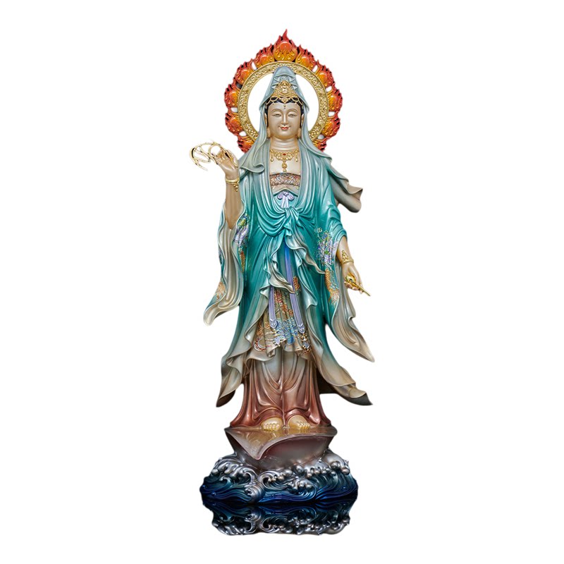 一叶观音佛像台湾铜彩绘南海观世音菩萨站像家用供奉摆件佛堂祝福