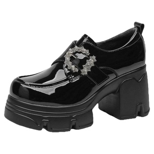 星期六厚底增高乐福鞋女2025年新款冬季加绒水钻方扣英伦风小皮鞋