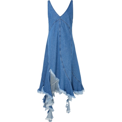 Marques' Almeida春夏女士不对称毛边牛仔中长连衣裙