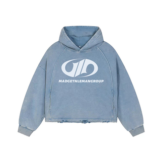 MGG 蓝色水洗做旧美式印花短款连帽卫衣男女破坏渐变Boxy帽衫上衣