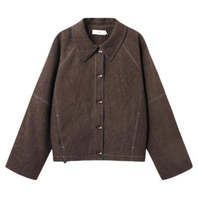 西町村屋休闲感外套女装2025秋季新款条纹拼接翻领上衣XHAC10745