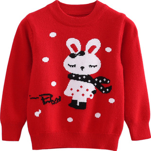 2025新款卡通宝宝红色羊绒衫女童套头毛衣圆领新年儿童针织衫长袖